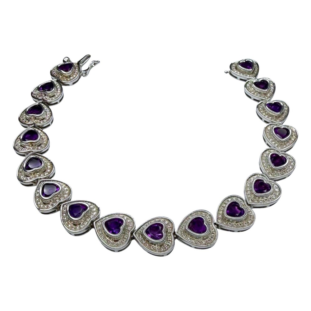 Vintage Heart Bracelet 925 Sterling Silver 7.5in Purple Amethyst Link Clasp